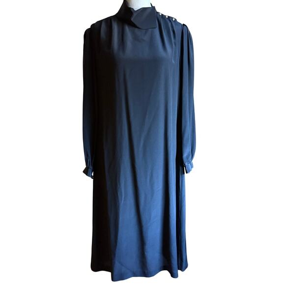 80s Vintage | LUCI PELLINI | Black Silk Split Neck Blouson Sleeve Midi Dress 5/6 - Picture 1 of 10
